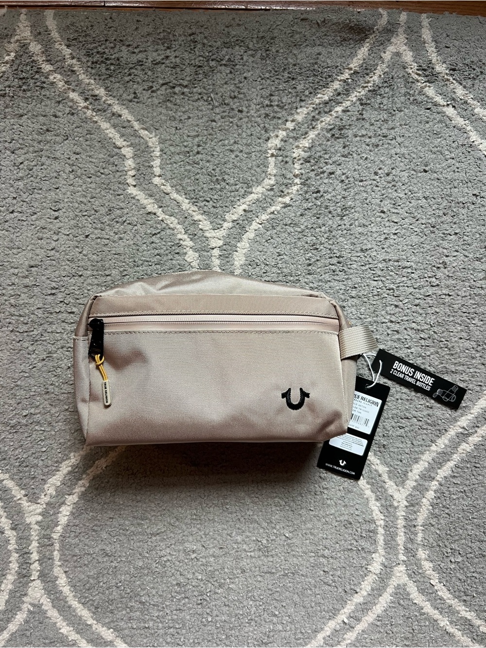 True Religion Beige Travel Toiletry Bag, Brand new with tags!!